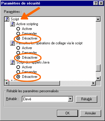 Les options ActiveScripting désactivées